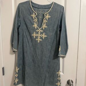 Muted Blue-Gray Dress with V-Neck 3/4 Sleeves and Gold Embroidery